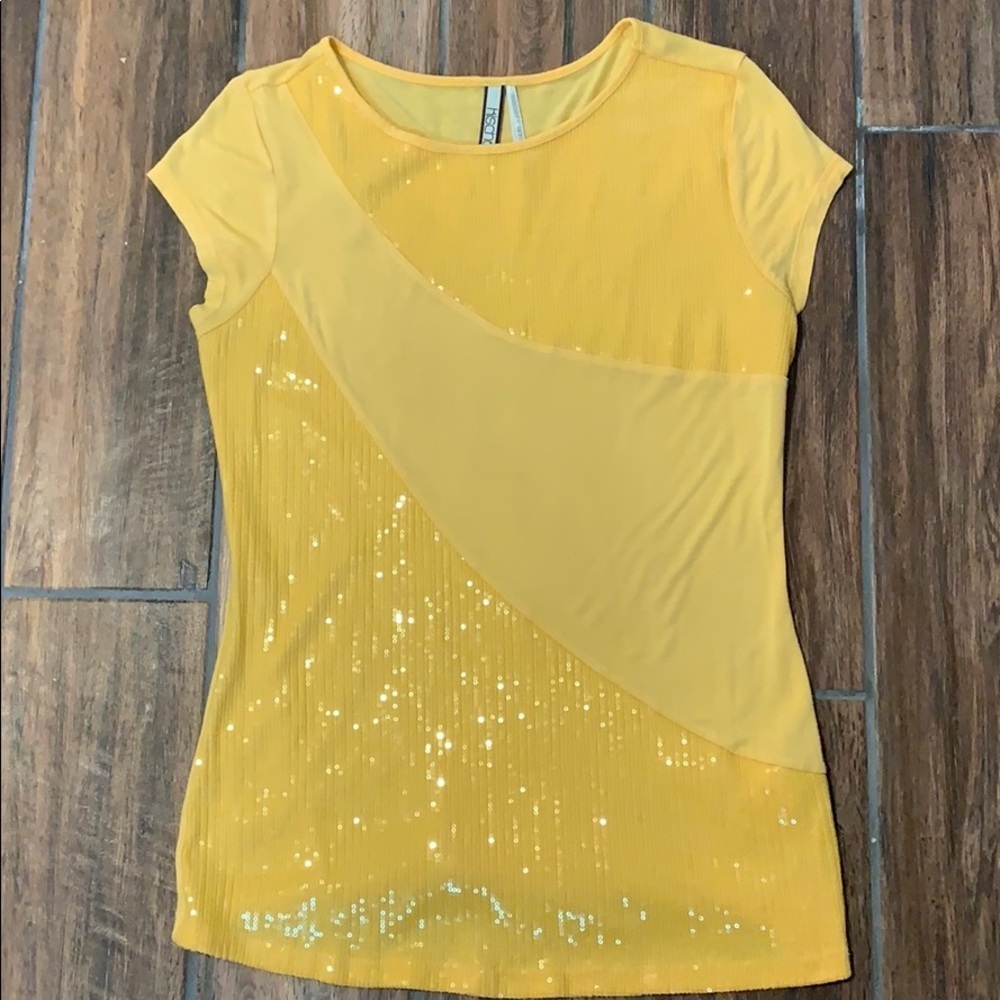 Kische Women's Large Yellow Sequined Block Long T-Shirt Going Out Party Concert